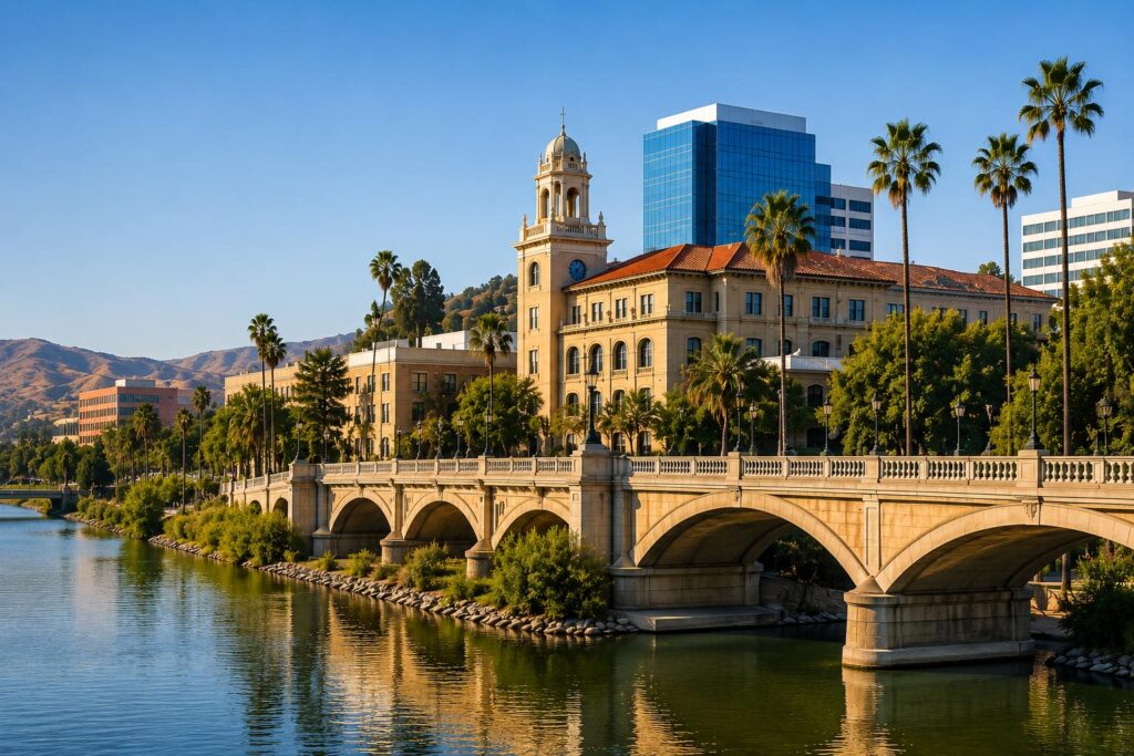 An arched stone bridge spanning a calm river toward a historic building with a clock tower and palm trees, set against modern city high-rises and hills.