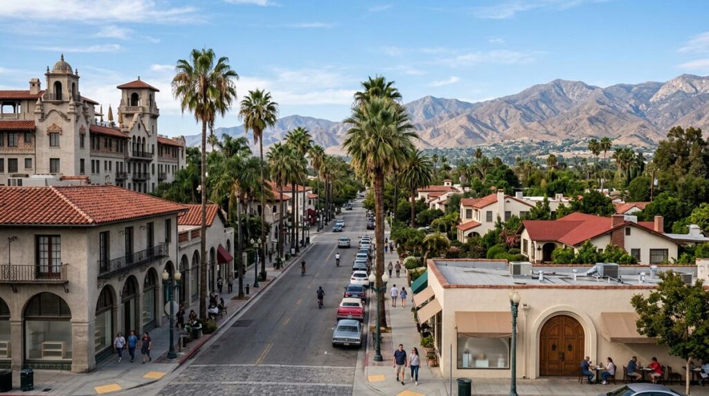 Downtown Riverside California community with historic buildings and local neighborhood attractions