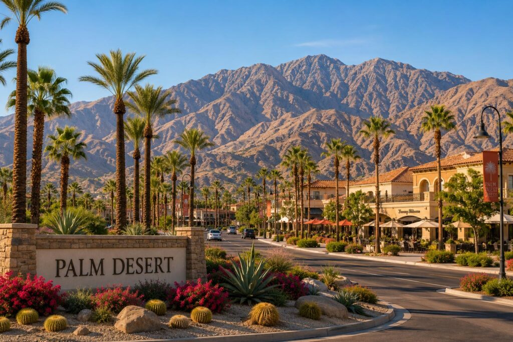 A sunny street entrance in Palm Desert featuring palm trees, desert plants, colorful flowers, and dramatic mountains in the background.