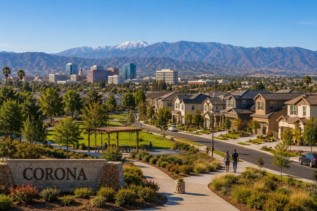 A couple walking along a sidewalk past a suburban neighborhood park and entry sign, overlooking a city skyline with snow-capped mountains in the distance.