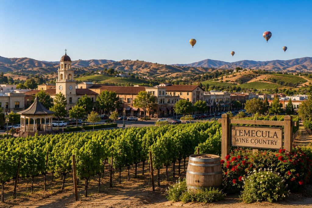 A lush vineyard with a wooden wine barrel in the foreground overlooking a town with a clock tower, gazebo, and hot air balloons floating above rolling hills.